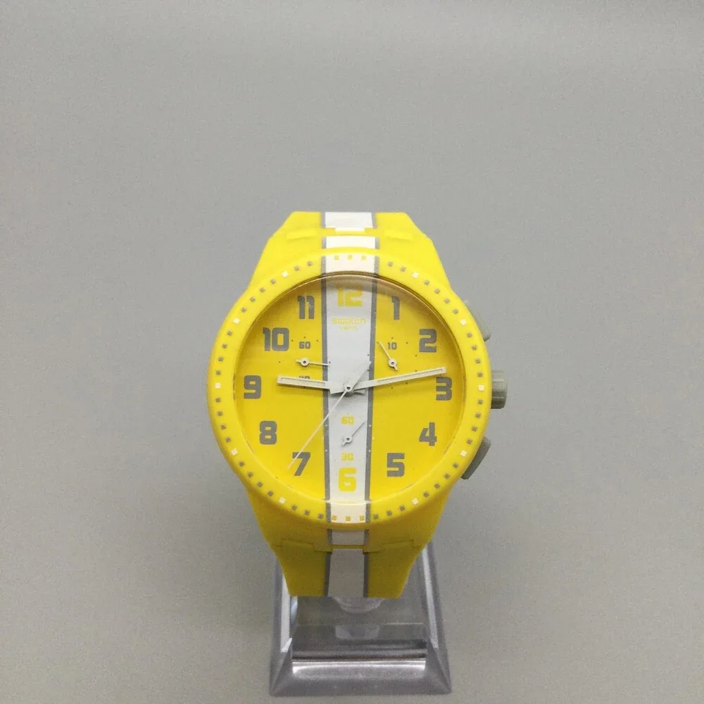 Swatch Amorogs Chronograph Mens Watch 42mm Yellow Dial SUSJ100 New Battery - Picture 2 of 14